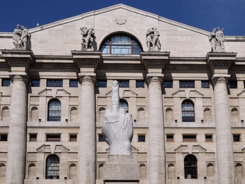 Why is there a Giant middle finger in front of Italian Stock Exchange?